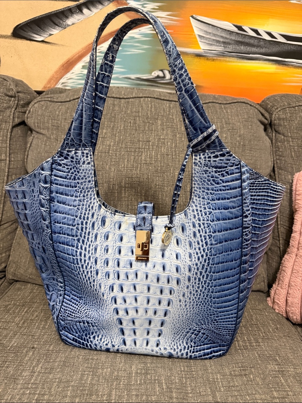 Brahmin Blue Ombre Croc-Embossed Leather Tote with Gold Hardware